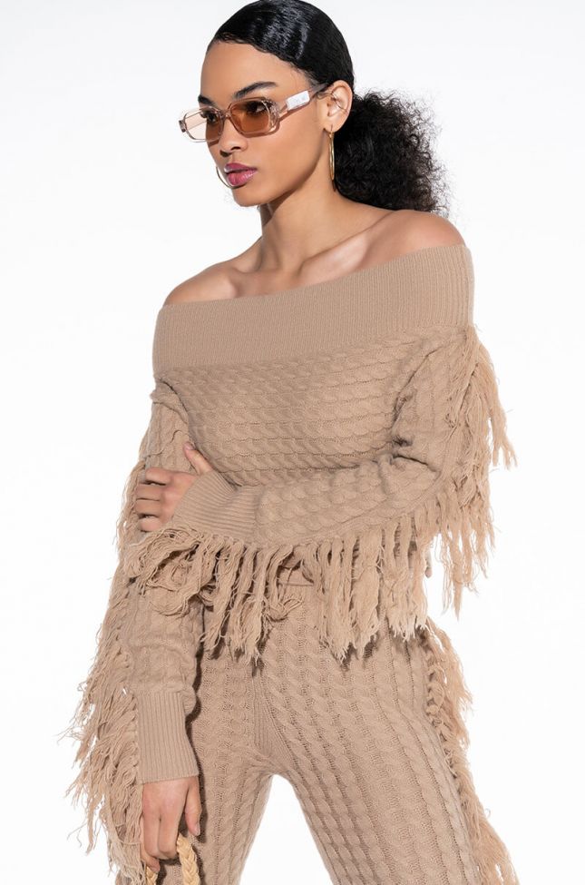 Front View Freaky Friday Long Sleeve Fringe Off The Shoulder Crop Top