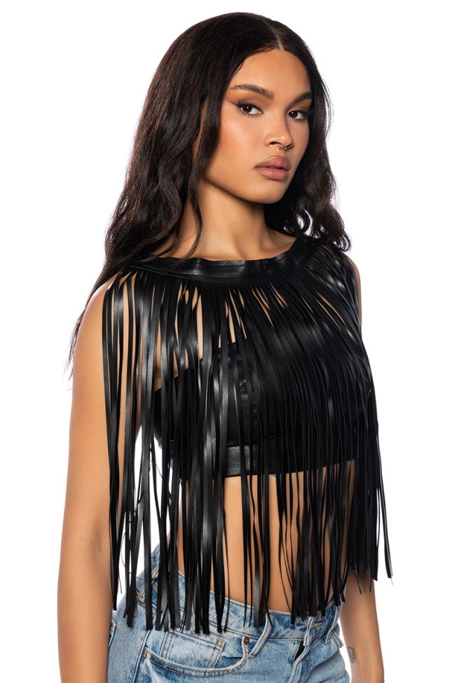Side View Free My Mind Faux Leather Fringe Crop Top