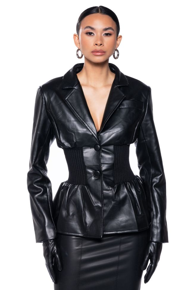 Front View Fresno Faux Leather Cinched Waist Blazer