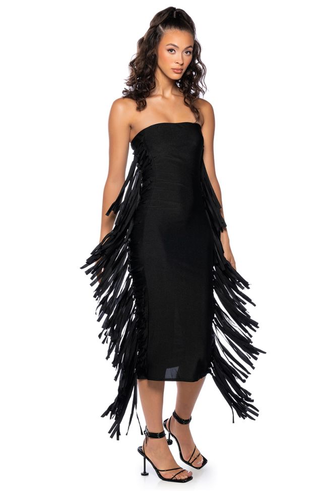 Front View Fringe Me Out Bodycon Midi Dress