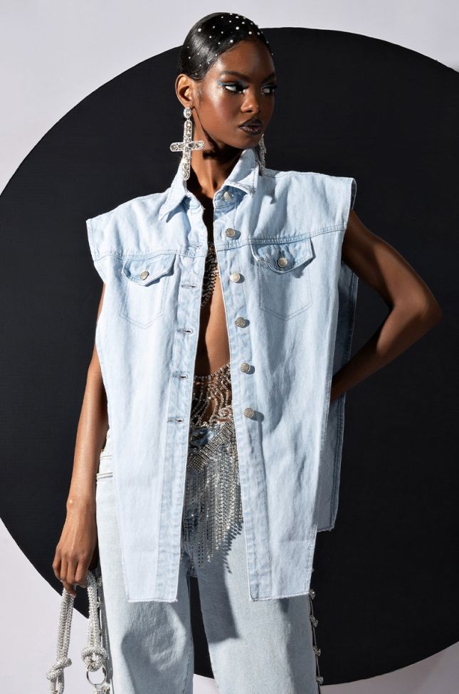 Front View From Any Angle Light Wash Angled Denim Vest