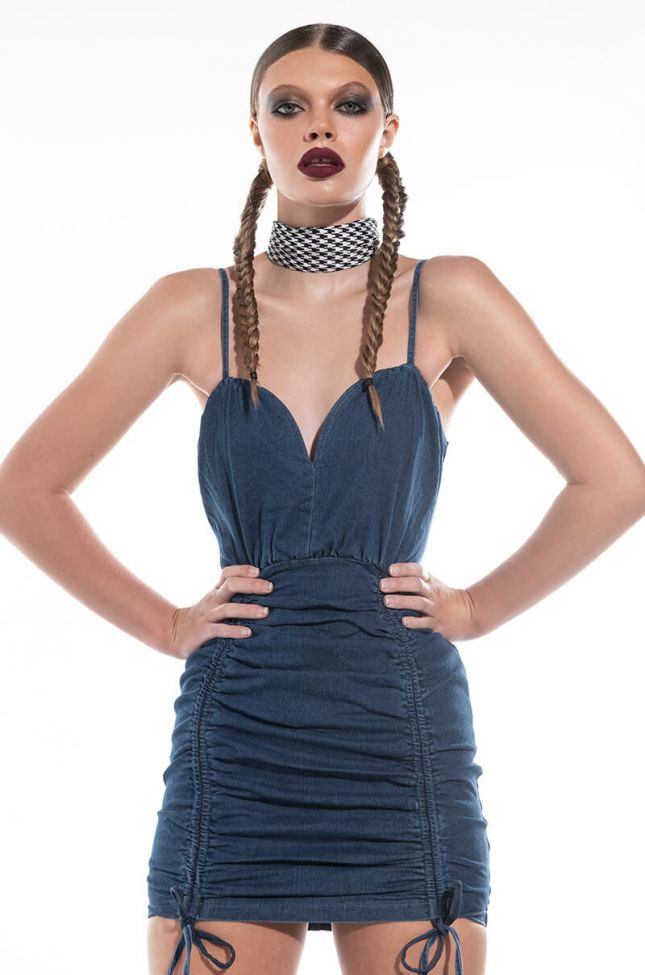Front View Froze Ready Ruched Front Denim Mini Dress
