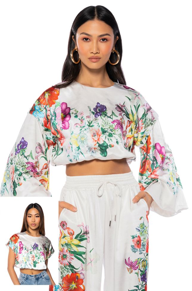 Front View Full Bloom Zip Off Sleeves Satin Crop Blouse