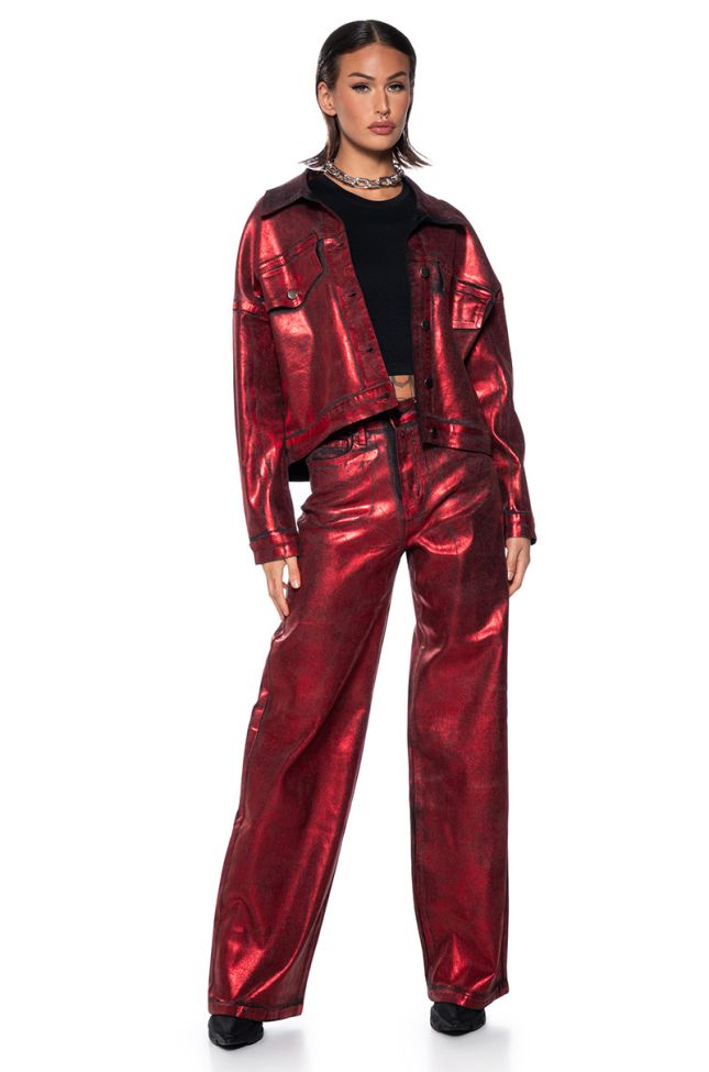 Side View Full Ride Metallic Straight Leg Jeans In Red