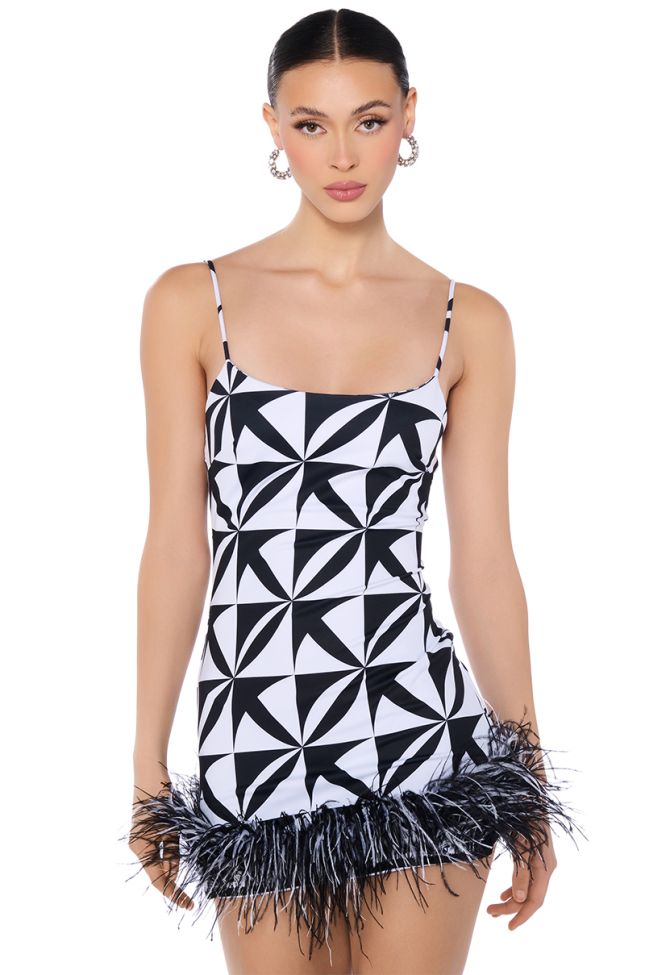 Front View Funky Town Printed Feather Mini Dress