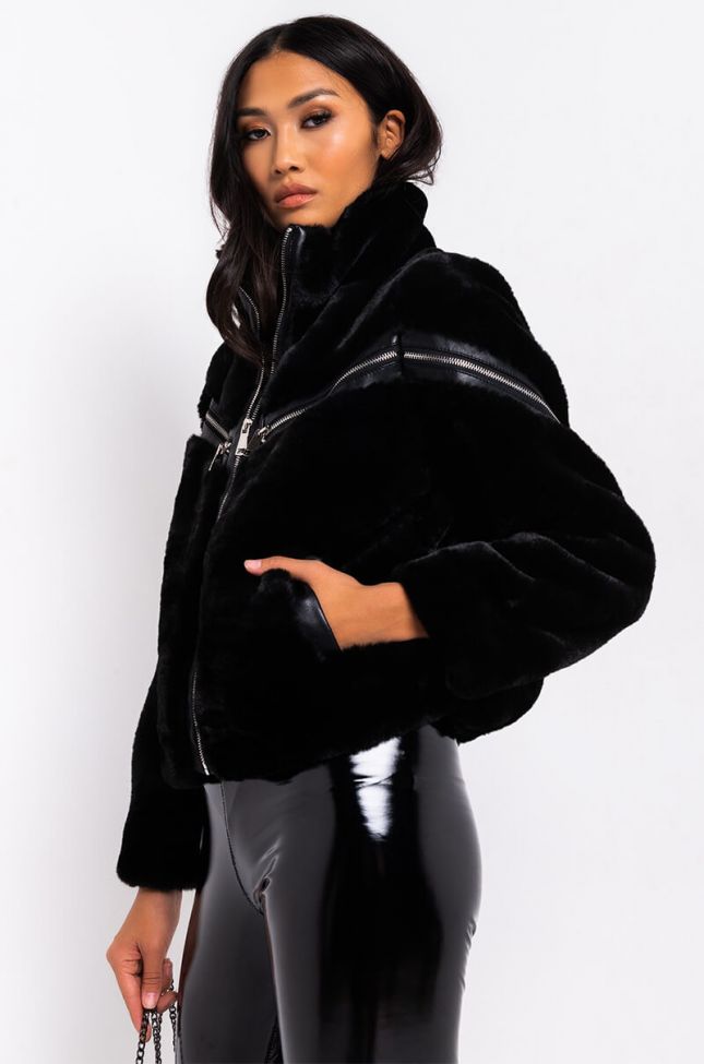 Back View Fuzzed Up Faux Fur Bomber in Black