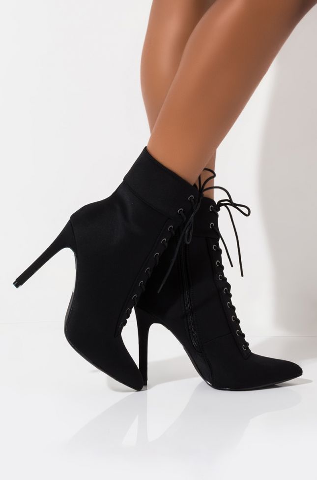 Front View Gahdamn Lace Up Pointed Toe Booties in Taupe