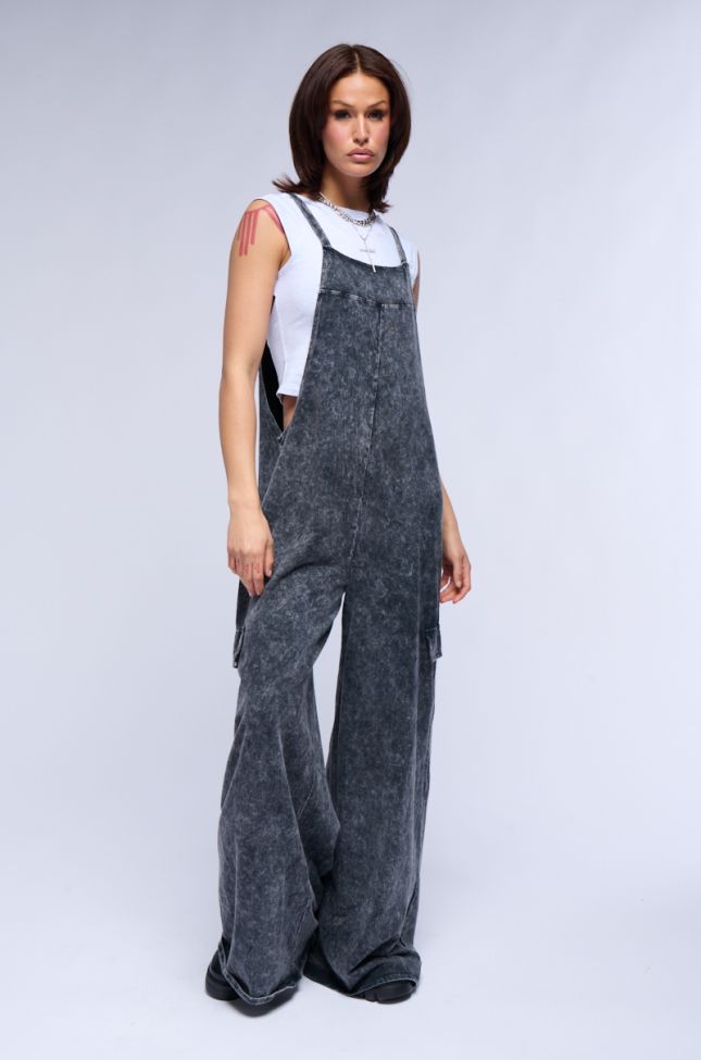 Front View Gaia Washed Wide Leg Jumpsuit In Charcoal