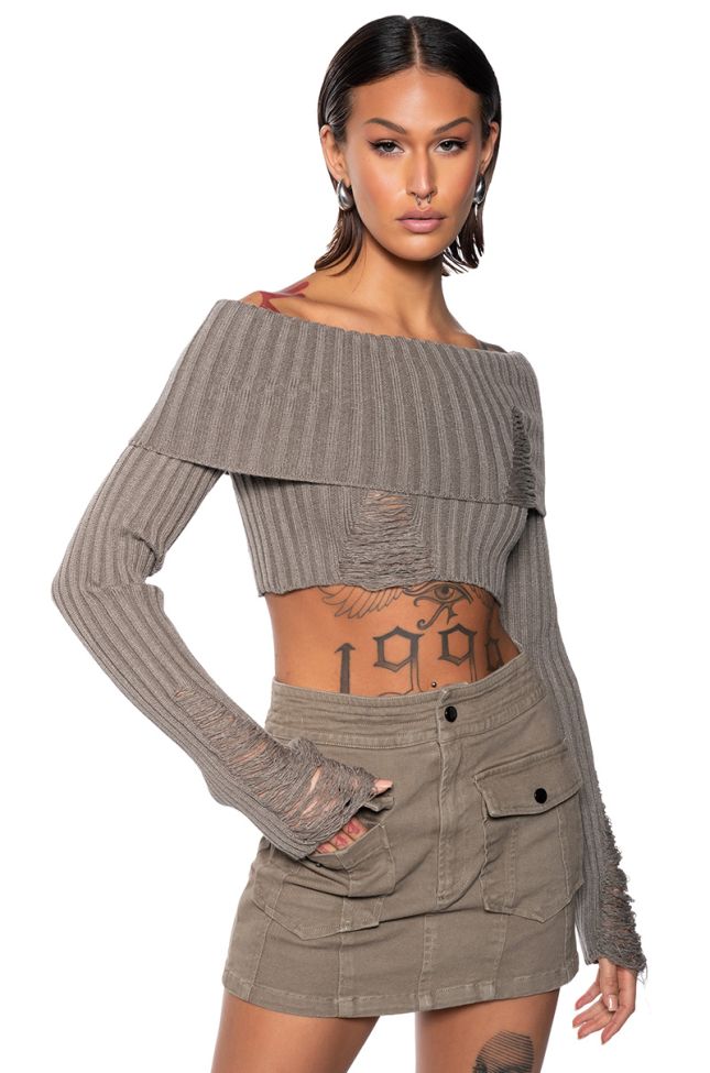 Front View Gale Off The Shoulder Distressed Sweater