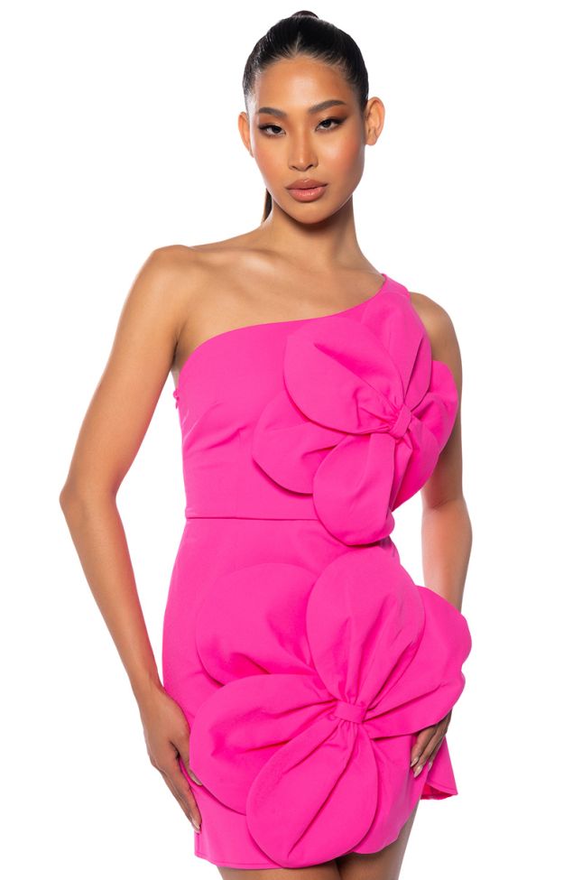 Front View Gemma Floral Detail One Shoulder Mini Dress In Hot Pink