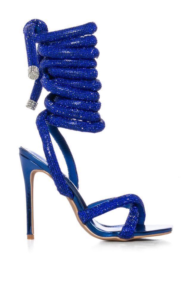 Back View Gemma Padded Rhinestone Lace Up Sandal In Blue 