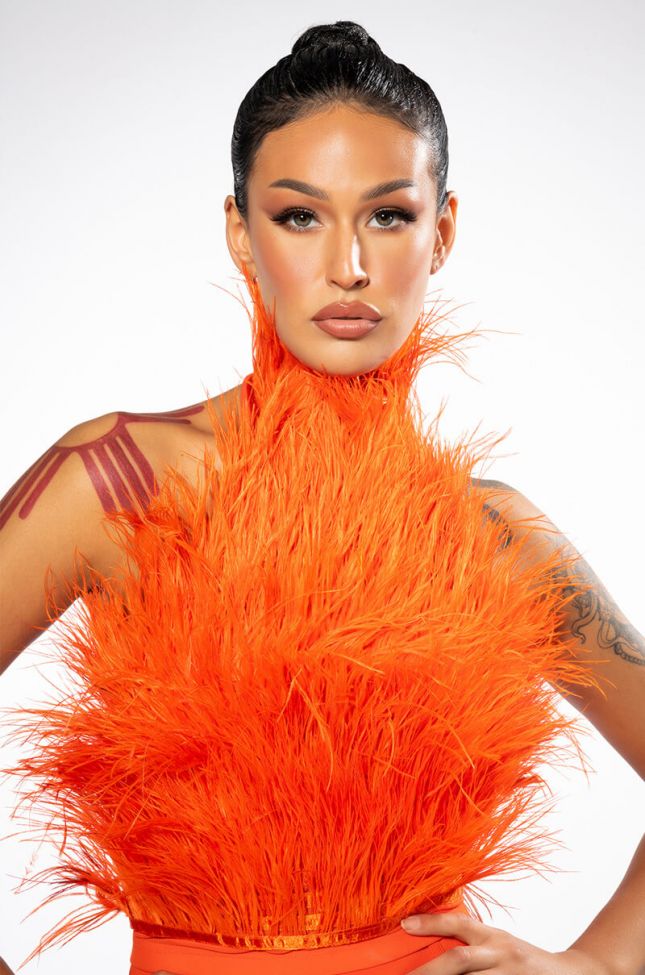 Front View Genuine Ostrich Feather Sleeveless Cropped Halter Blouse In Orange