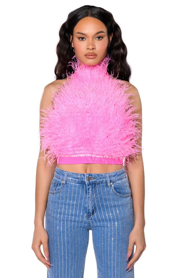 Front View Genuine Ostrich Feather Sleeveless Cropped Halter Blouse