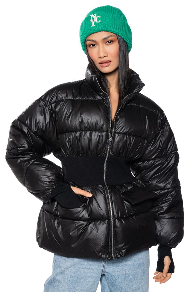 Front View Georgetown Puffer Coat With Ribbed Waist