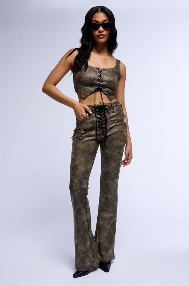 Side View Georgia Lace Up Flared Faux Leather Look Pant