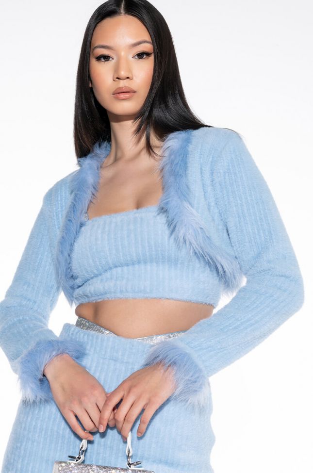 Front View Get A Clue Fuzzy Blue Crop Sweater