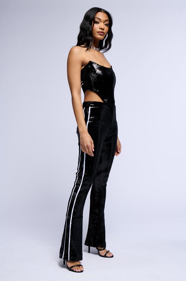 Front View Get Down On It Sequin Flare Trouser In Black