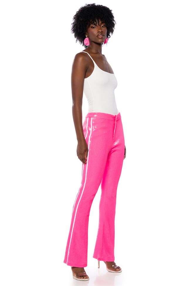 GET DOWN ON IT SEQUIN FLARE TROUSER IN PINK