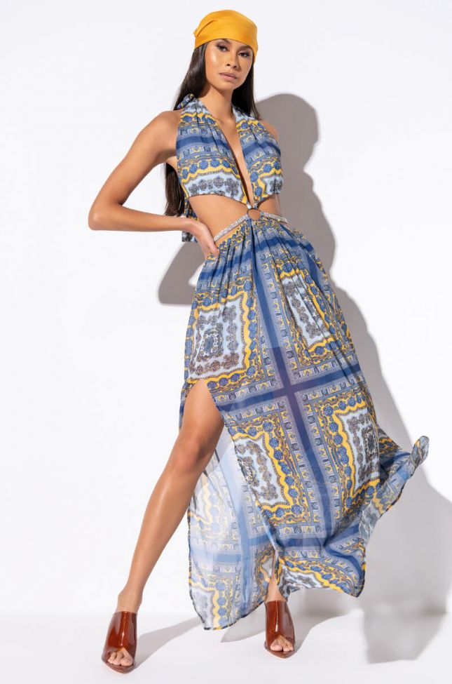 Front View Get In To Groove Paisley Maxi Dress in Blue Multi