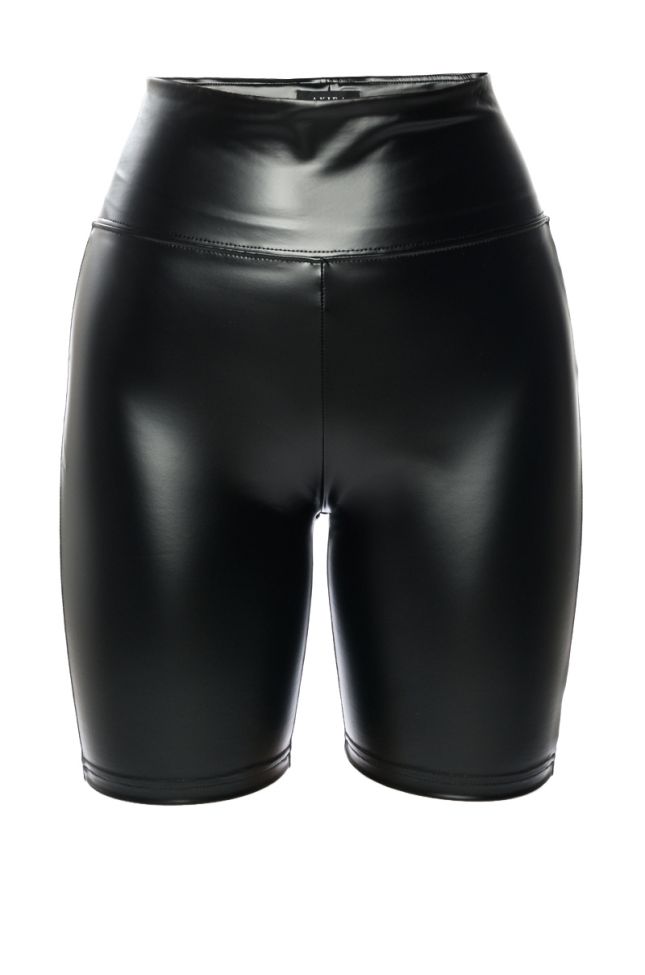 Front View Get It Right, Get It Tight Faux Leather Biker Shorts With 4 Way Stretch