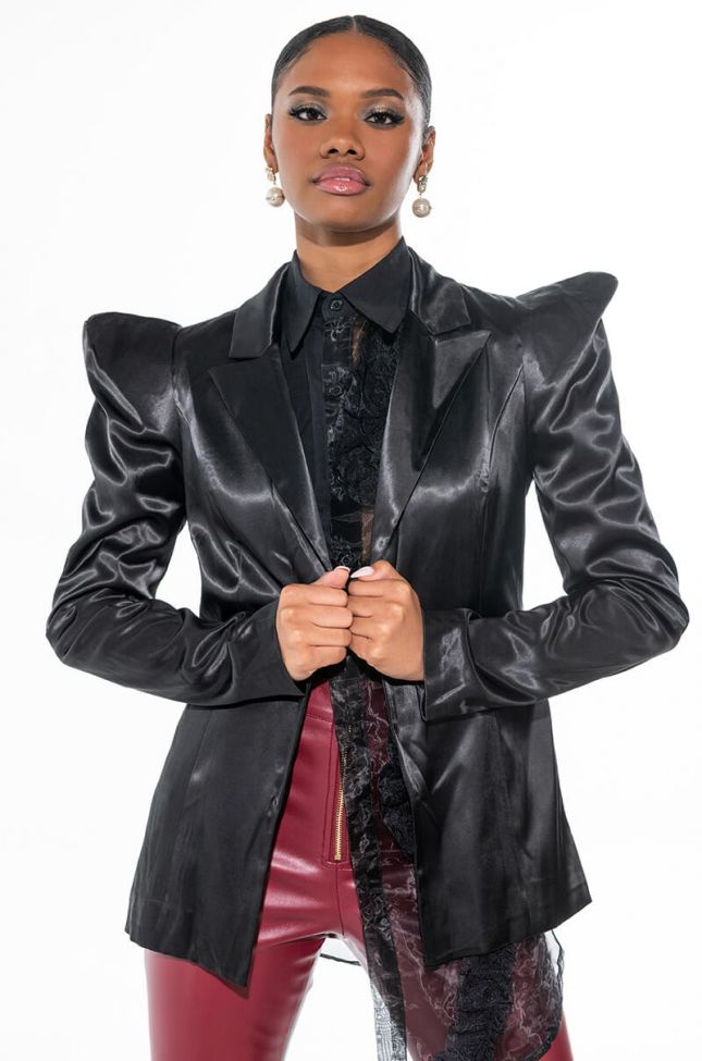 Front View Get To The Point Stretch Satin Blazer