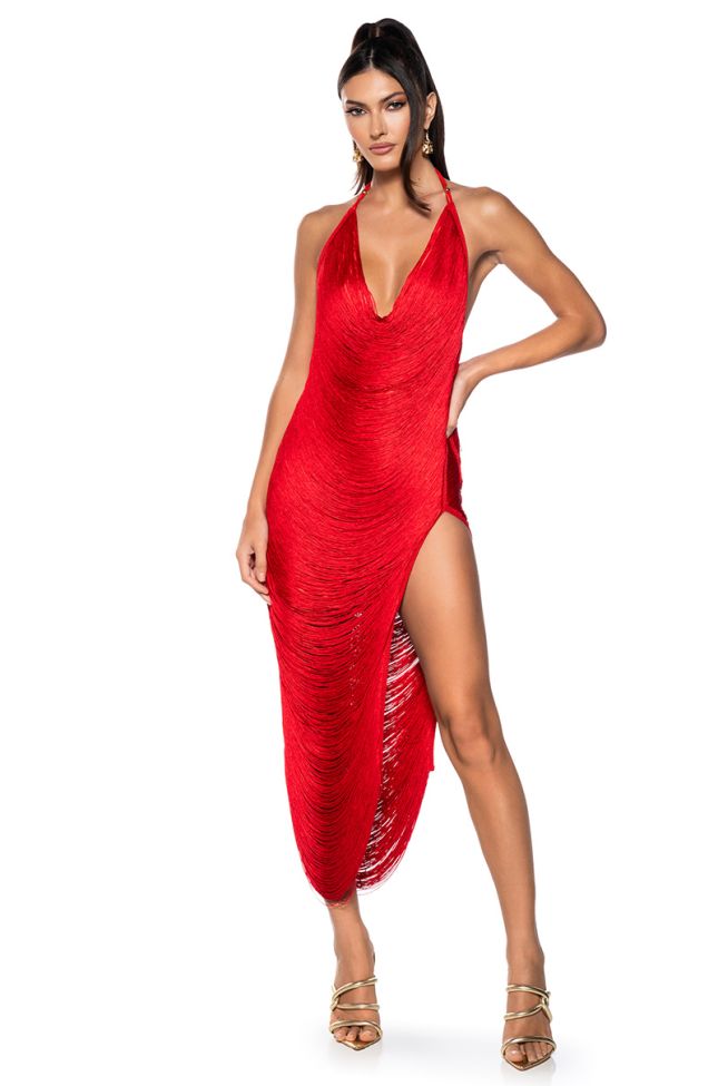 Front View Gianina Fringed Cowl Neck Maxi Dress In Red