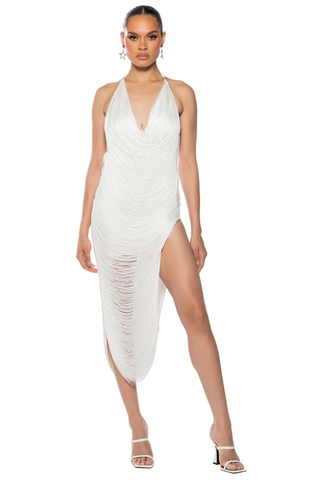 Front View Gianina Fringed Cowl Neck Maxi Dress In White