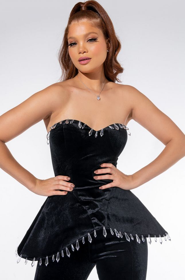 Front View Gifted Rhinestone Trim Velvet Bustier Top