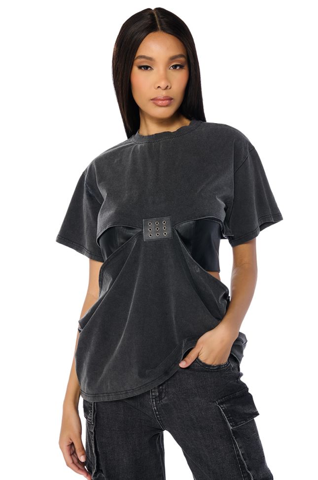 Front View Girl Boss Moments Cut Out T Shirt In Charcoal Grey