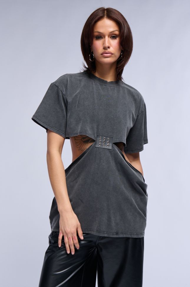 Front View Girl Boss Moments Cut Out T Shirt In Charcoal Grey