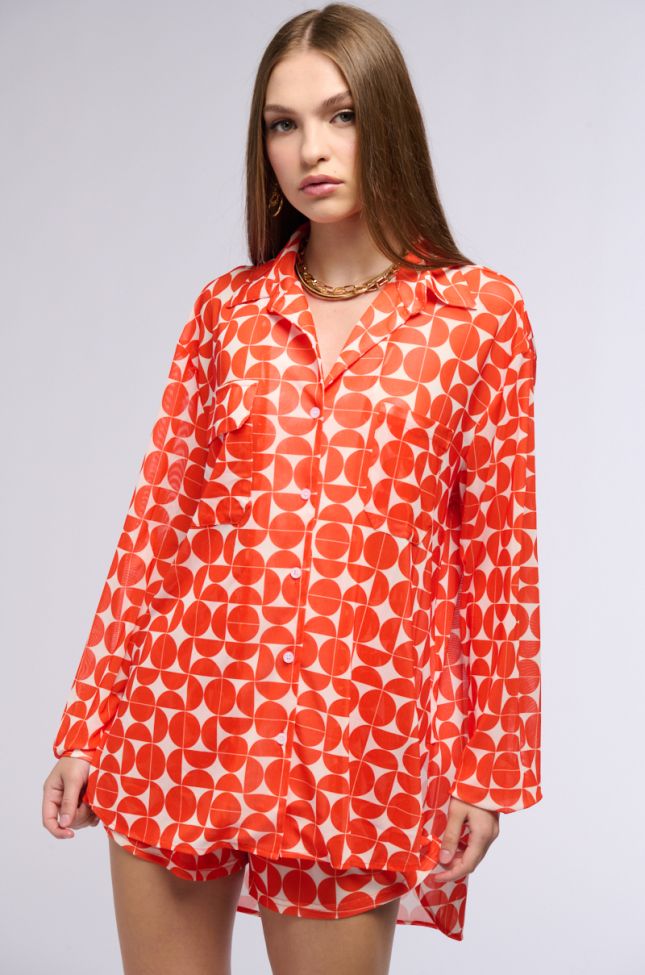 Front View Give Me Money Honey Printed Mesh Button Down Blouse
