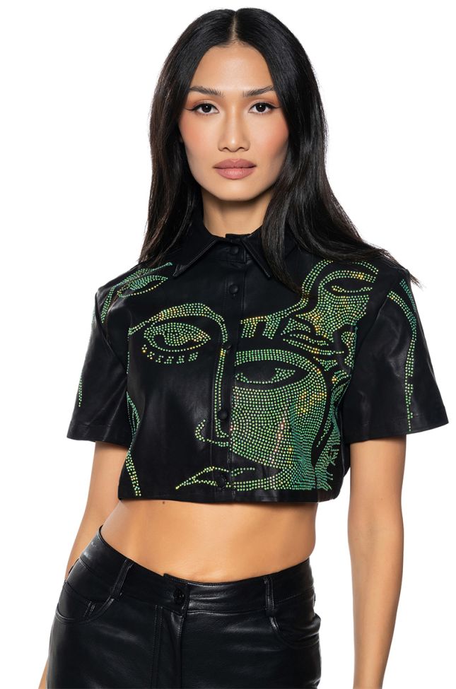 Front View Giving Face Embellished Faux Leather Cropped Blouse In Black Multi