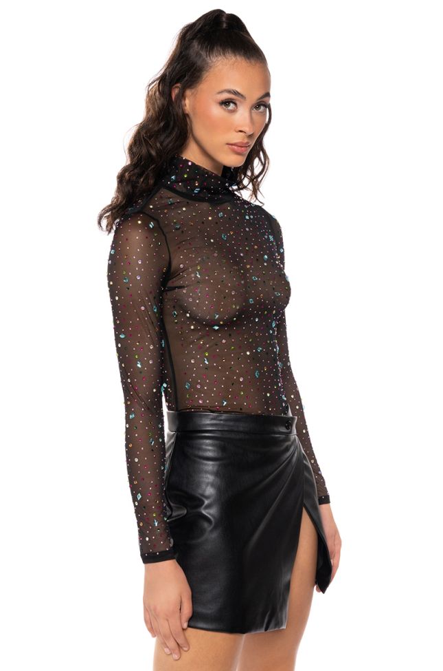 Side View Glitz And Glam Long Sleeve Embellished Mesh Top