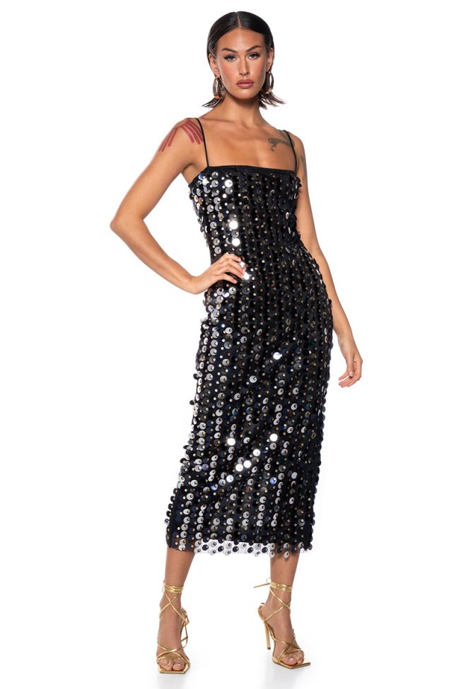Front View Gold Coin Sequin Midi Dress