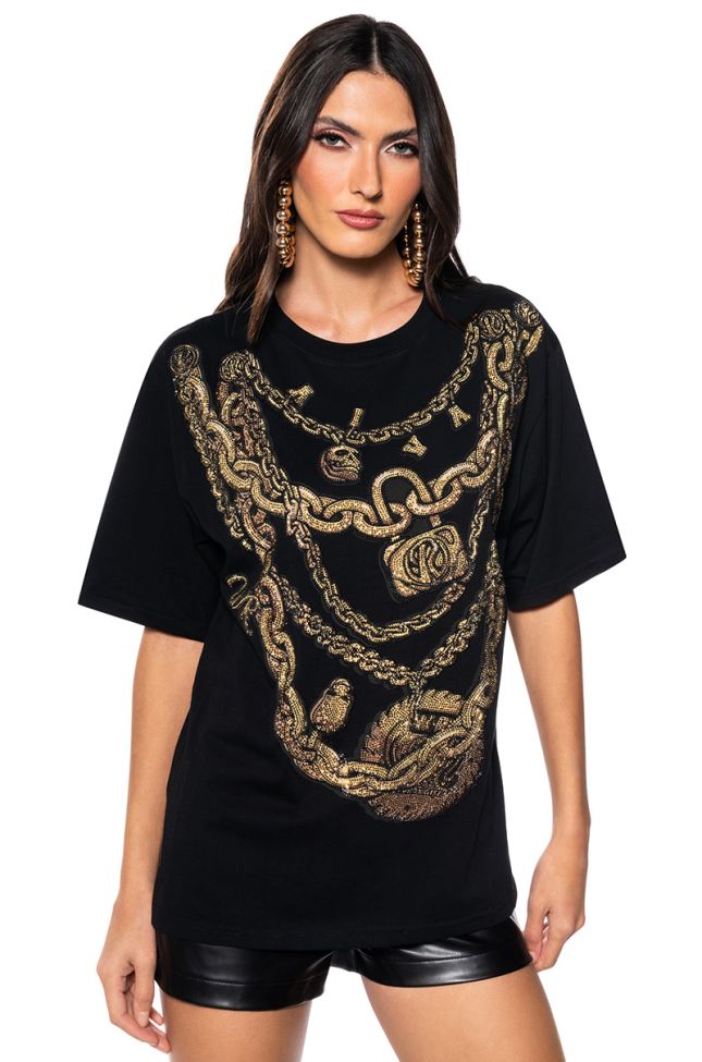 Front View Gold Links Boxy Embellished Graphic Tshirt 