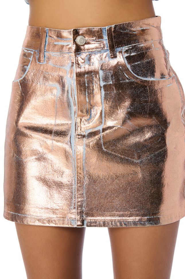Front View Golden Hour Foil Effect Denim Skirt