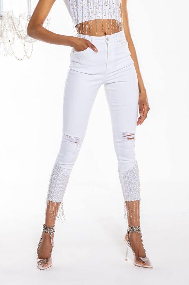 Front View Good High Waisted Rhinestone Fringe Skinny Jeans