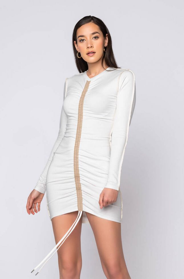 Front View Good Time Ruched Front Mini Dress in Ivory