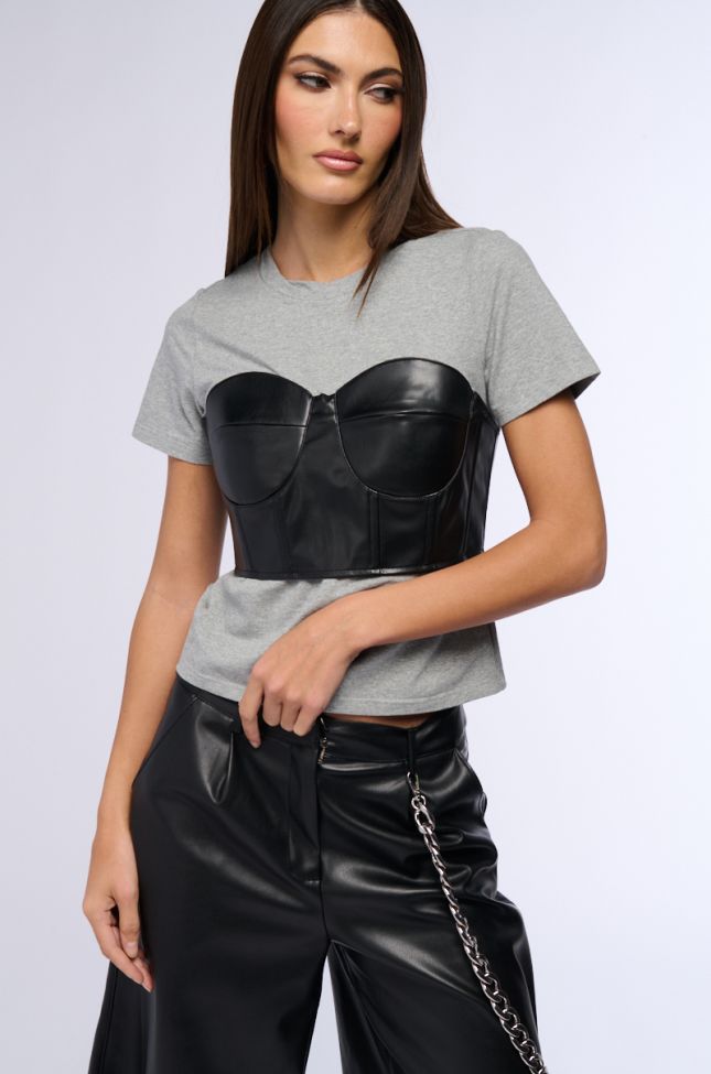 Side View Got Me Twisted T Shirt With Faux Leather Corset Detail