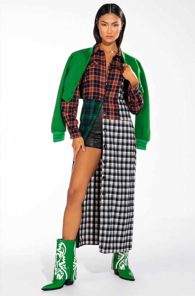 Front View Grand Central Thirteen Long Plaid Trench