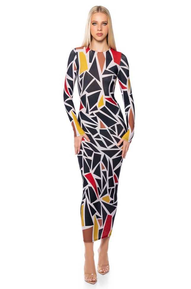 Front View Graphic Glam Long Sleeve Maxi Dress In Black Multi