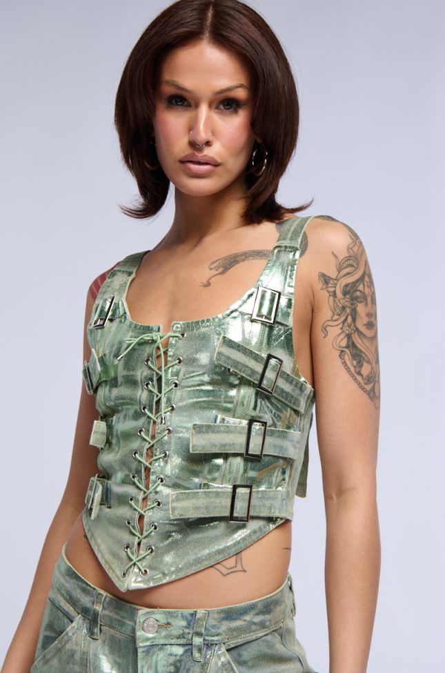 Front View Green With Envy Lace Up Corset Top