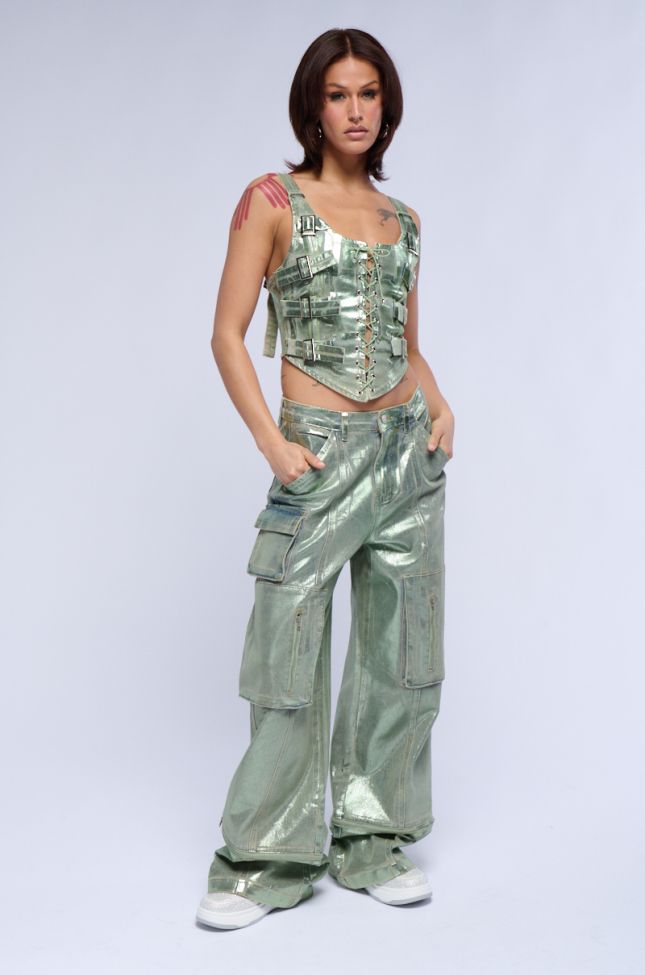 Full View Green With Envy Metallic Wide Leg Cargo Pant