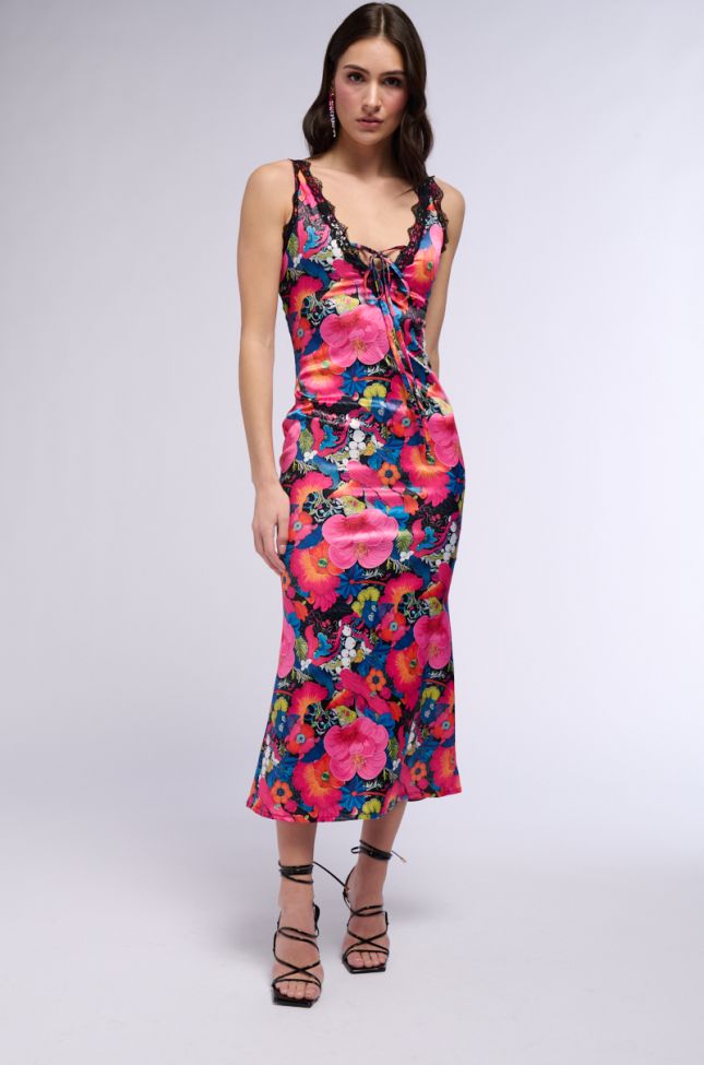 Front View Groovy Baby Printed Satin Midi Dress