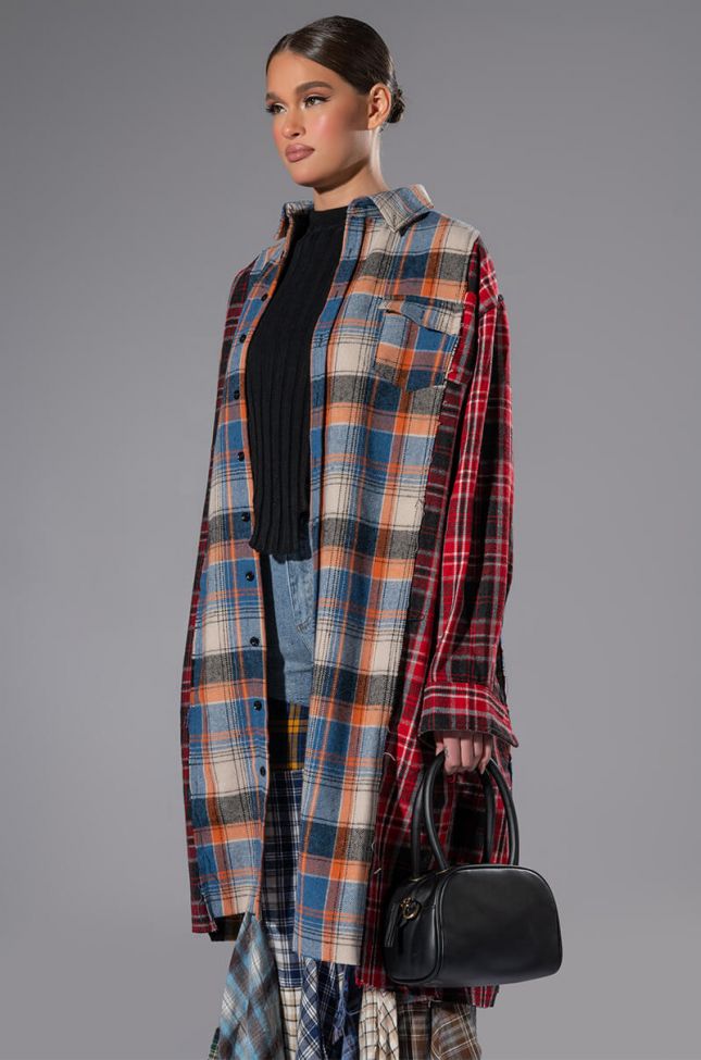 GRUNGE GIRL MIXED PATCHWORK OVERSIZED LONG PLAID TOP