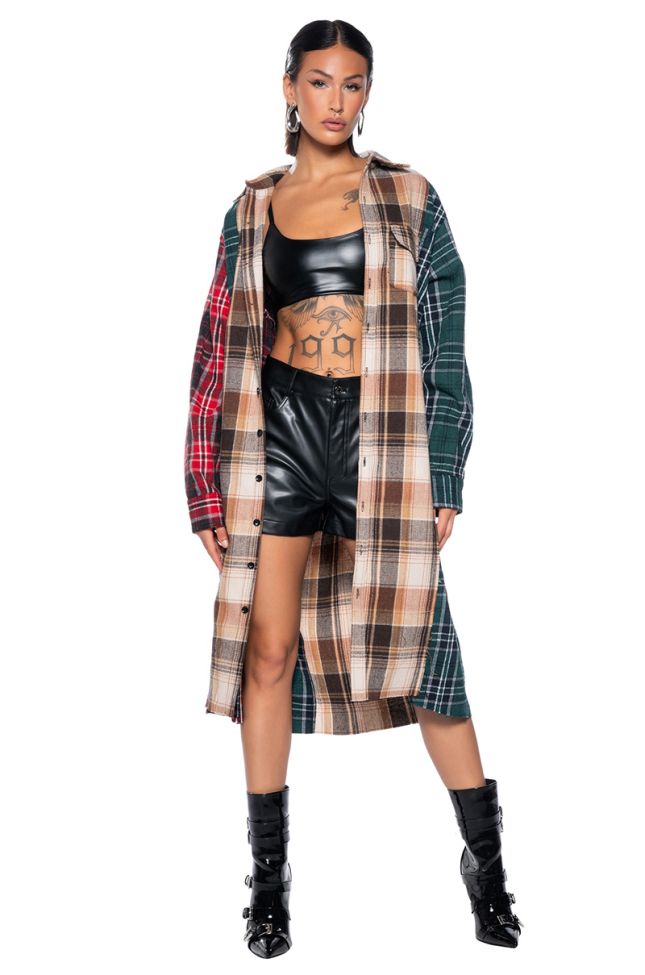 Front View Grunge Girl Mixed Patchwork Oversized Long Plaid Top