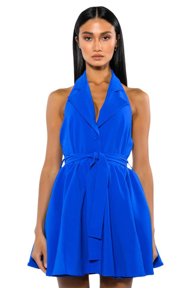Front View Hadley Collared Fit And Flare Mini Dress In Royal Blue