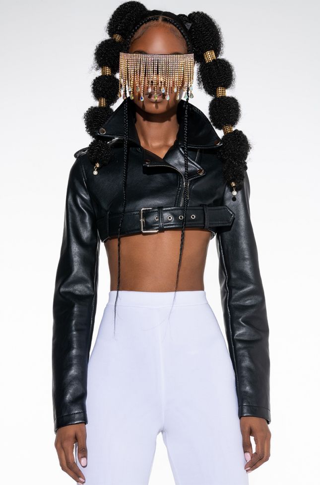 Front View Half My Heart Ultra Cropped Moto Jacket