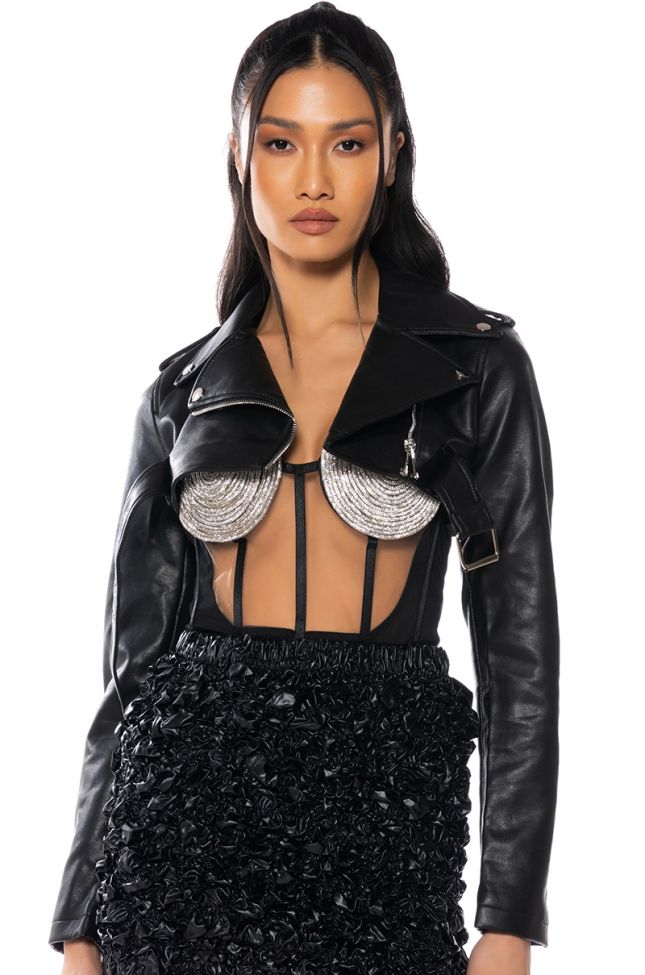 Front View Half My Heart Ultra Cropped Moto Jacket