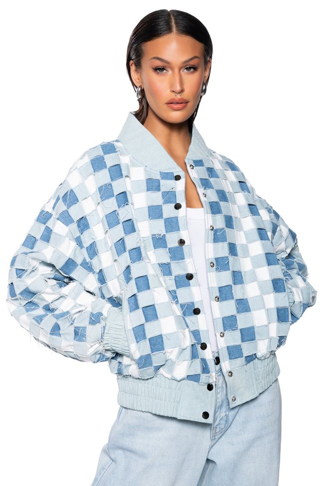 Front View Hand Weave Distressed Denim Bomber